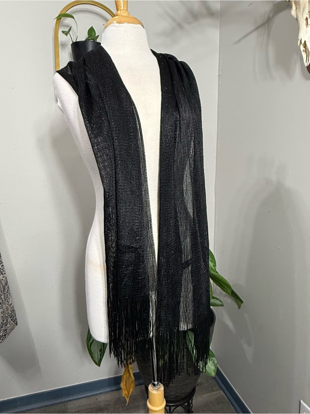 Kimberly C Black Metallic Shimmer Open Knit Fringe Scarf Wrap